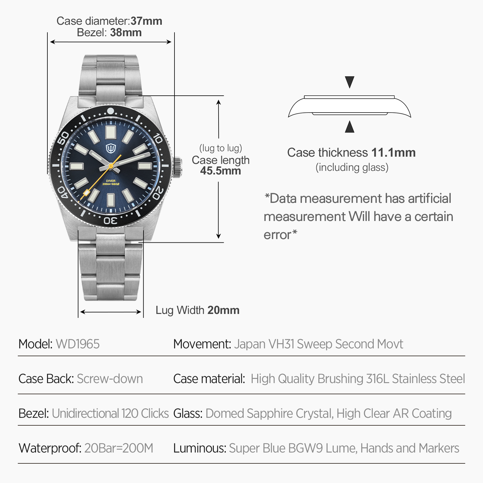 Watchdives 37Mm WD1965 V2 Man  - Accessories With Watch recensie en prijs